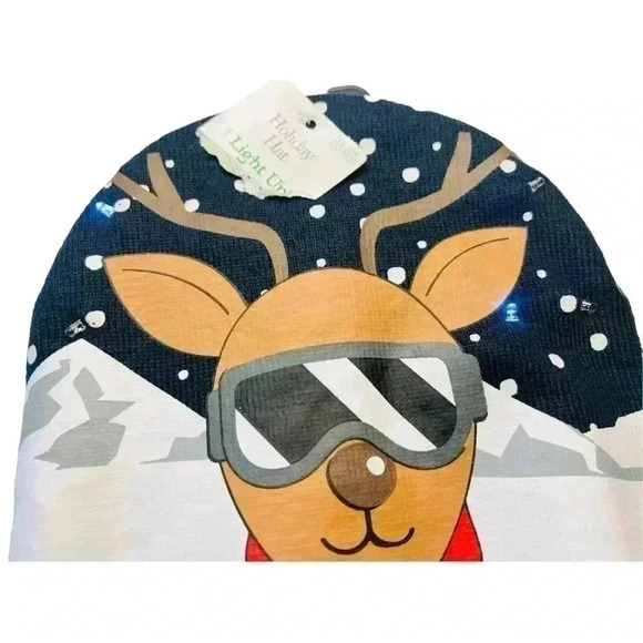 Christmas Reindeer Light Up Knit Hat Unisex Dark Blue NWT One Size - Picture 5 of 7